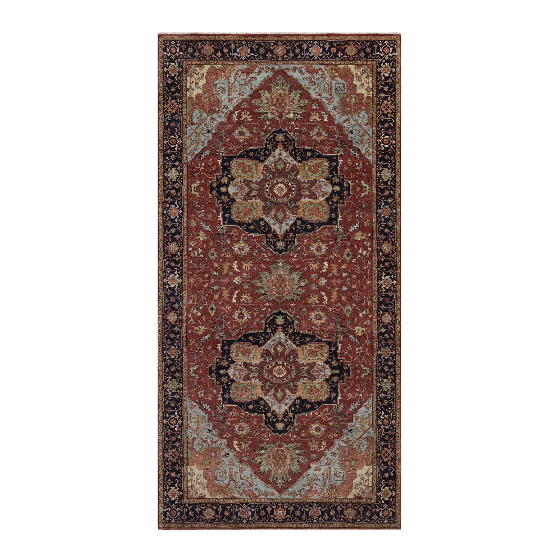 7'10"x16' Barn Red, Antiqued Fine Heriz Re-Creation, Medallions Design, Hand Knotted, Hand Spun New Zealand Wool, Denser Weave, Soft Pile, Vegetable Dyes, Gallery Size, XL, Oversized, Oriental Rug 